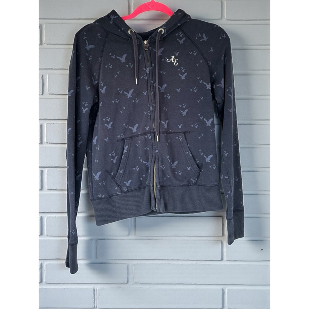 American Eagle Women's Medium Navy Full Zip Drawstring Hoodie Y2K Streetwear